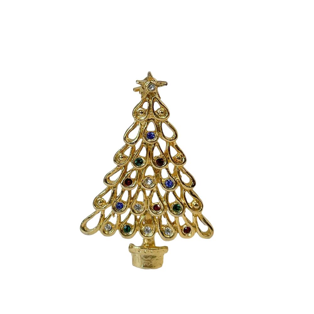1980s Gold Plated Multi Colored Rhinestones Christmas Tree Holiday Pin Brooch